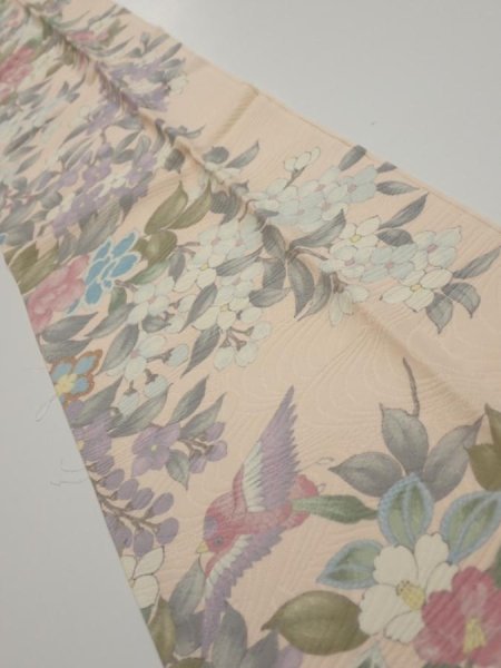 Photo2: 1J10z30  Japanese Kimono Silk  FABRIC Bird Flower Light peach 38.2x7.1 (2)