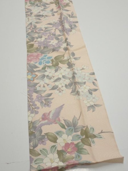 Photo3: 1J10z30  Japanese Kimono Silk  FABRIC Bird Flower Light peach 38.2x7.1 (3)