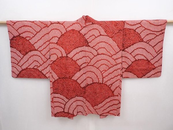 Photo1: 5912T04z500 Vintage Japanese Kimono Silk SHIBORI HAORI Wave Dark red (1)