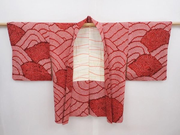Photo5: 5912T04z500 Vintage Japanese Kimono Silk SHIBORI HAORI Wave Dark red (5)