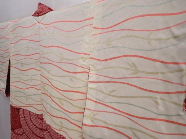 Photo7: 5912T04z500 Vintage Japanese Kimono Silk SHIBORI HAORI Wave Dark red (7)