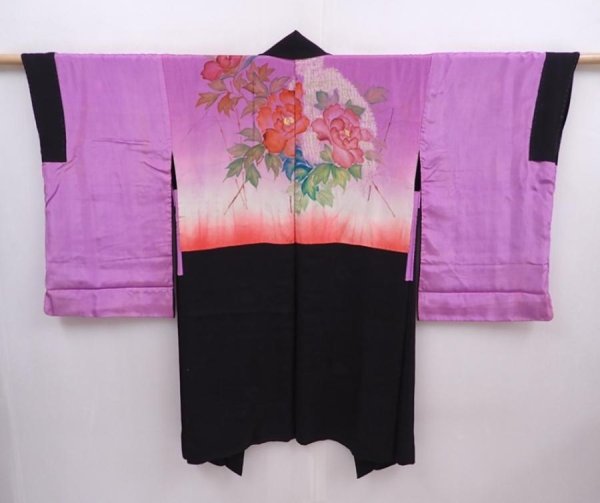 Photo1: 5912T05z570 Vintage Japanese Kimono Silk LONG HAORI  Black (1)