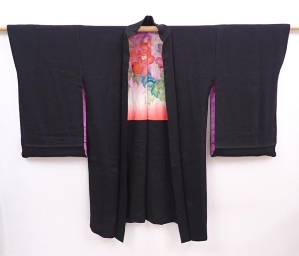 Photo2: 5912T05z570 Vintage Japanese Kimono Silk LONG HAORI  Black (2)