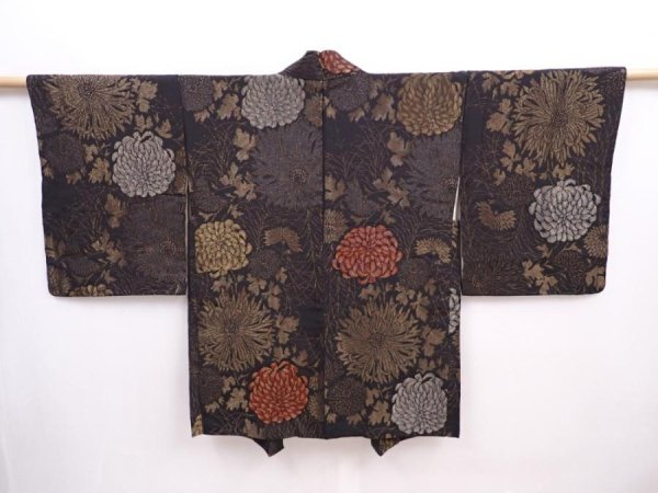 Photo1: 5912T07z700 Vintage Japanese Kimono Silk HAORI Chrysanthemum Black (1)