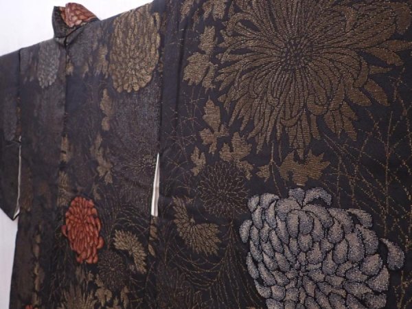 Photo2: 5912T07z700 Vintage Japanese Kimono Silk HAORI Chrysanthemum Black (2)