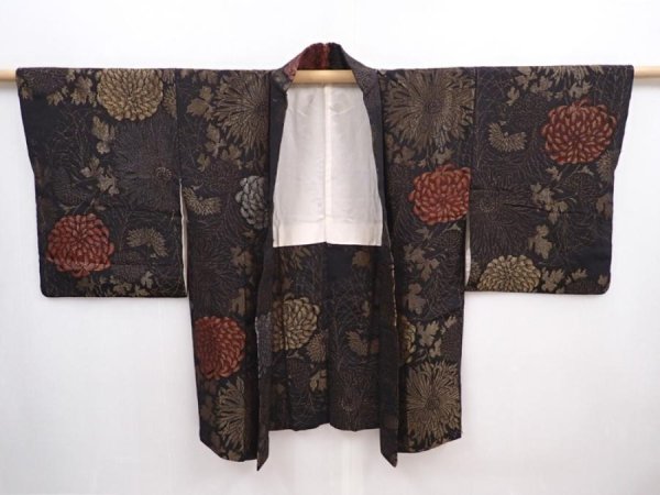 Photo5: 5912T07z700 Vintage Japanese Kimono Silk HAORI Chrysanthemum Black (5)