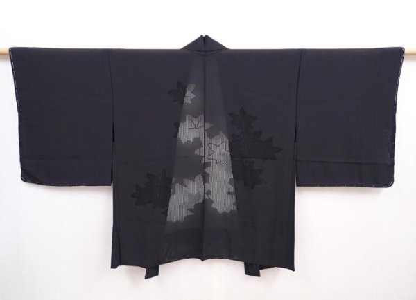Photo1: 5912T09z330 Vintage Japanese Kimono Silk See through HAORI Maple Black (1)