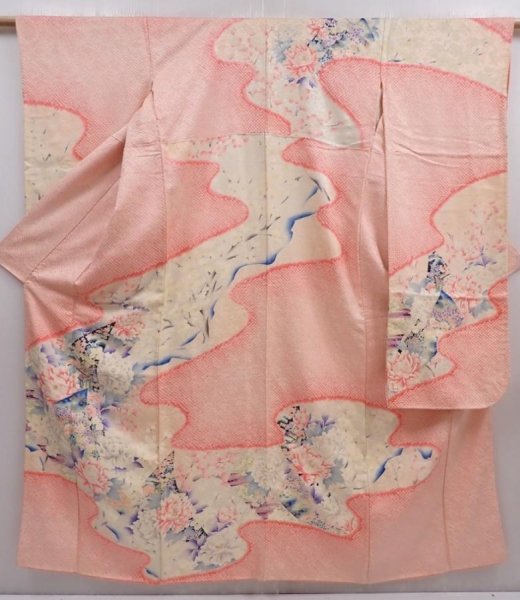 Photo1: 5912T12z1240 Vintage Japanese Kimono Silk FURISODE Flowers Pink (1)