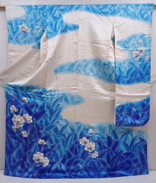 Photo1: 5912T13z1080  Japanese Kimono Silk FURISODE Flower Oriental blue (1)