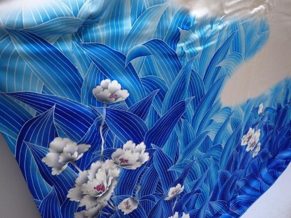 Photo3: 5912T13z1080  Japanese Kimono Silk FURISODE Flower Oriental blue (3)