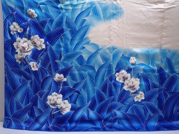 Photo5: 5912T13z1080  Japanese Kimono Silk FURISODE Flower Oriental blue (5)
