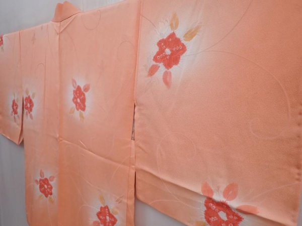 Photo2: 5913T04z570 Vintage Japanese Kimono Silk HAORI Flower Dark coral (2)