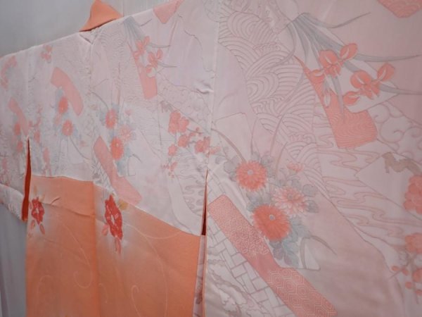 Photo7: 5913T04z570 Vintage Japanese Kimono Silk HAORI Flower Dark coral (7)