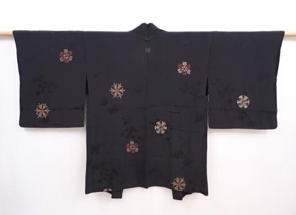 Photo1: 5913T05z430 Vintage Japanese Kimono Silk HAORI Snow crystal Black (1)