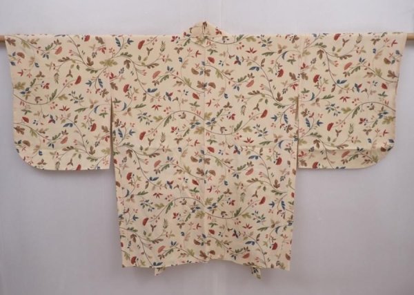 Photo1: 5913T08z490 Vintage Japanese Kimono Silk HAORI Flower Light cream (1)