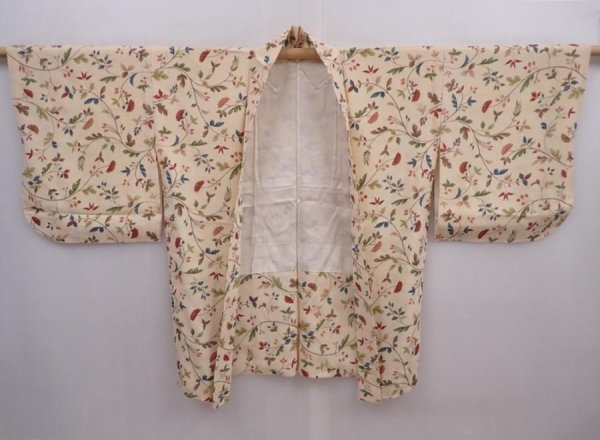 Photo6: 5913T08z490 Vintage Japanese Kimono Silk HAORI Flower Light cream (6)