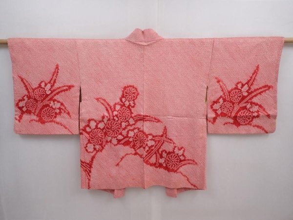 Photo1: 5913T09z510 Vintage Japanese Kimono Silk SHIBORI HAORI Flower Red-Pink (1)