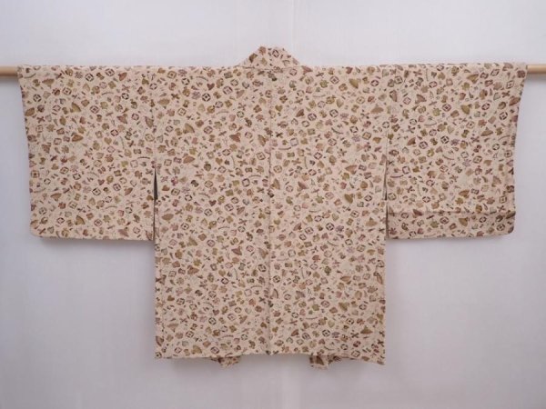 Photo1: 5913T10z500 Vintage Japanese Kimono Silk HAORI Takaradzukushi Sand beige (1)