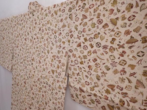 Photo2: 5913T10z500 Vintage Japanese Kimono Silk HAORI Takaradzukushi Sand beige (2)