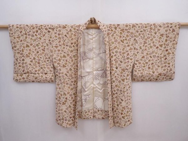 Photo5: 5913T10z500 Vintage Japanese Kimono Silk HAORI Takaradzukushi Sand beige (5)