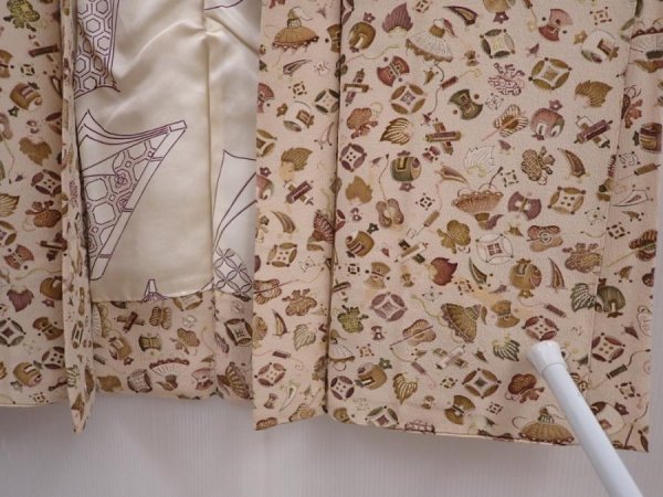 Photo8: 5913T10z500 Vintage Japanese Kimono Silk HAORI Takaradzukushi Sand beige (8)