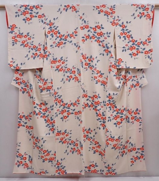 Photo1: 5913T13z910  Japanese Kimono Silk KOMON Camellia Off-white (1)