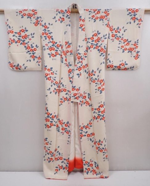 Photo7: 5913T13z910  Japanese Kimono Silk KOMON Camellia Off-white (7)