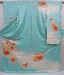 Photo1: 5913T14z1120 Vintage Japanese Kimono Silk FURISODE Royal cart Dull cyan (1)
