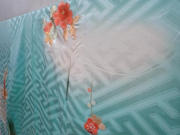 Photo2: 5913T14z1120 Vintage Japanese Kimono Silk FURISODE Royal cart Dull cyan (2)