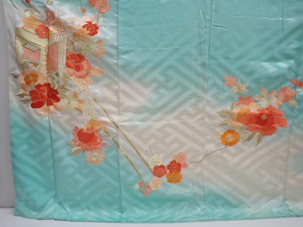 Photo5: 5913T14z1120 Vintage Japanese Kimono Silk FURISODE Royal cart Dull cyan (5)