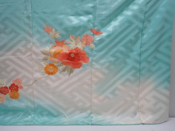 Photo7: 5913T14z1120 Vintage Japanese Kimono Silk FURISODE Royal cart Dull cyan (7)