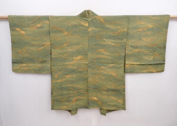 Photo1: 5914T02z490 Vintage Japanese Kimono Silk HAORI Wave Grass green (1)