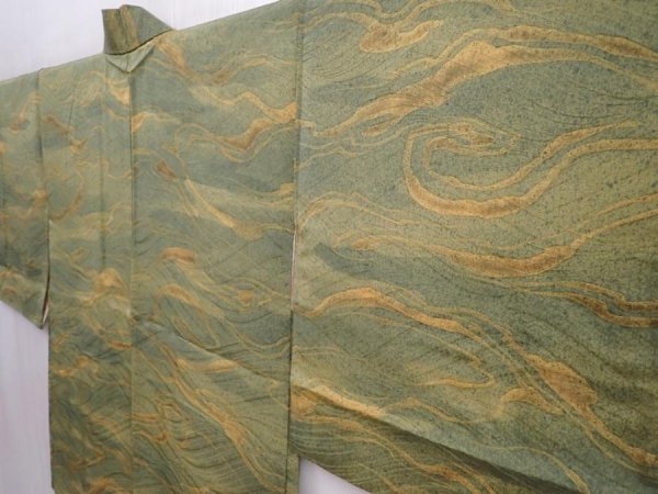 Photo2: 5914T02z490 Vintage Japanese Kimono Silk HAORI Wave Grass green (2)