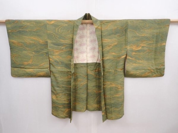 Photo4: 5914T02z490 Vintage Japanese Kimono Silk HAORI Wave Grass green (4)