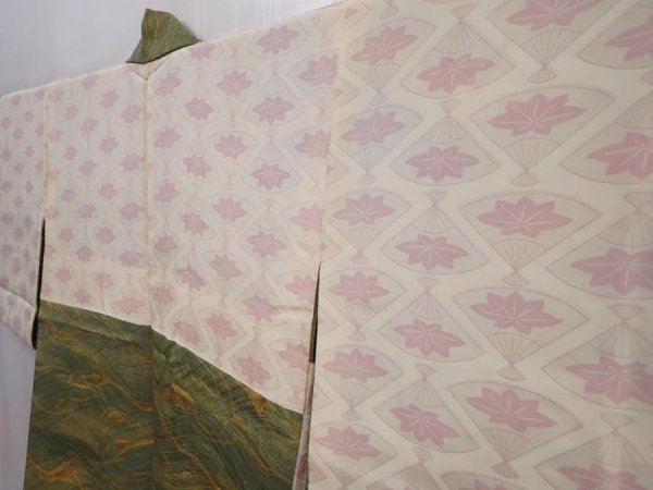 Photo7: 5914T02z490 Vintage Japanese Kimono Silk HAORI Wave Grass green (7)