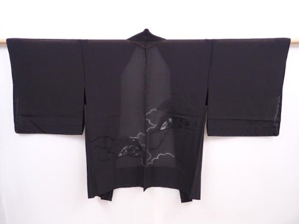 Photo1: 5914T03z320 Vintage Japanese Kimono Silk See through HAORI Flowers Black (1)