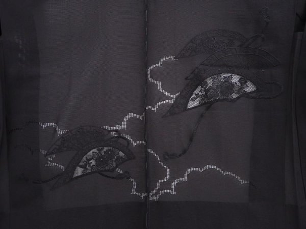 Photo3: 5914T03z320 Vintage Japanese Kimono Silk See through HAORI Flowers Black (3)