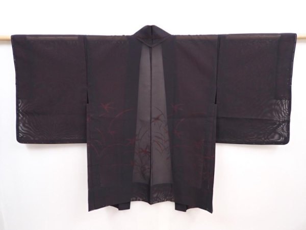 Photo1: 5914T05z260 Vintage Japanese Kimono Silk See through HAORI Plants Black (1)
