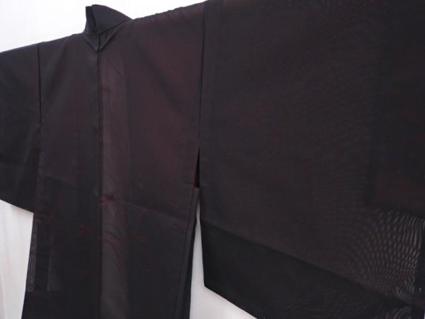 Photo2: 5914T05z260 Vintage Japanese Kimono Silk See through HAORI Plants Black (2)
