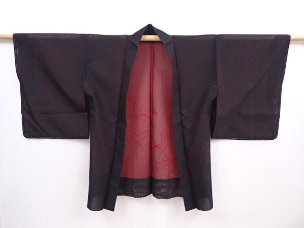 Photo5: 5914T05z260 Vintage Japanese Kimono Silk See through HAORI Plants Black (5)