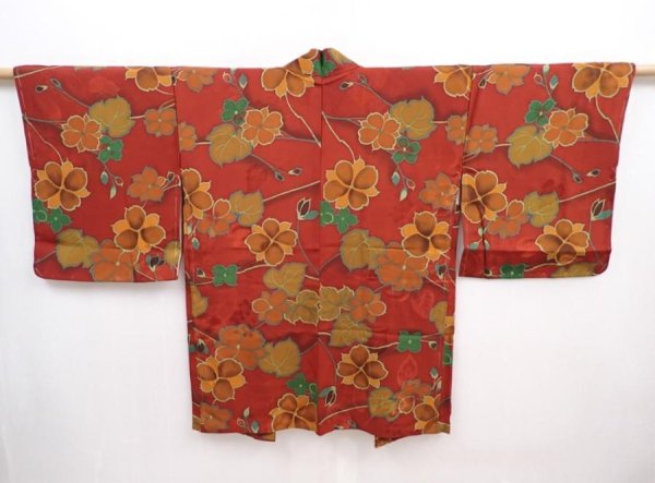 Photo1: 5914T06z590 Vintage Japanese Kimono Silk HAORI Flower Red-Brown (1)