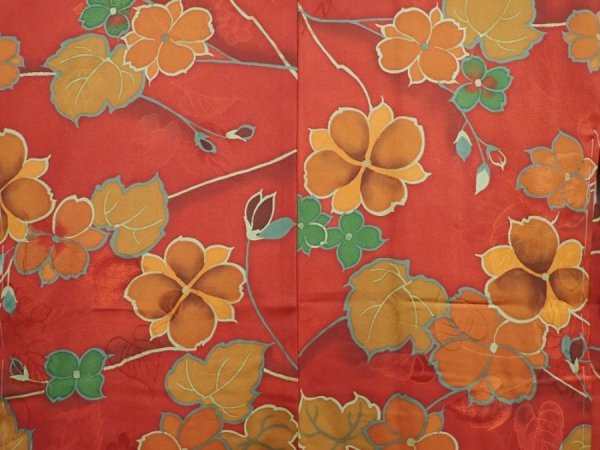 Photo3: 5914T06z590 Vintage Japanese Kimono Silk HAORI Flower Red-Brown (3)
