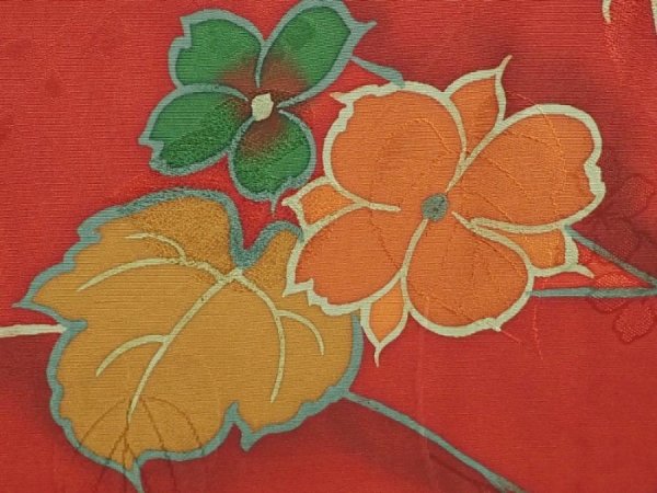 Photo4: 5914T06z590 Vintage Japanese Kimono Silk HAORI Flower Red-Brown (4)
