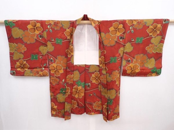 Photo5: 5914T06z590 Vintage Japanese Kimono Silk HAORI Flower Red-Brown (5)