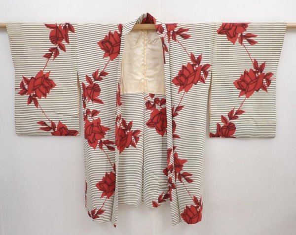 Photo8: 5914T10z720 Vintage Japanese Kimono Crepe Silk HAORI Rose Off-white (8)