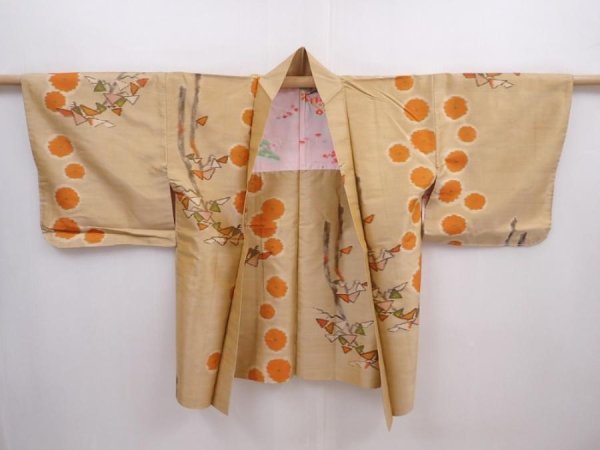 Photo5: 5914T11z320 Vintage Japanese Kimono Silk MEISEN HAORI  Dark champagne (5)