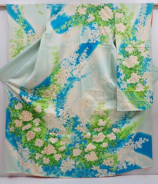 Photo1: 5914T12z1050 Vintage Japanese Kimono Silk FURISODE Flower Light blue (1)