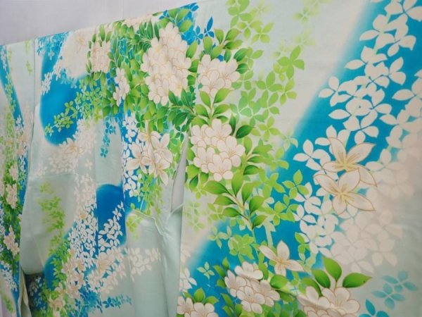 Photo2: 5914T12z1050 Vintage Japanese Kimono Silk FURISODE Flower Light blue (2)