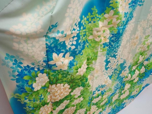 Photo3: 5914T12z1050 Vintage Japanese Kimono Silk FURISODE Flower Light blue (3)