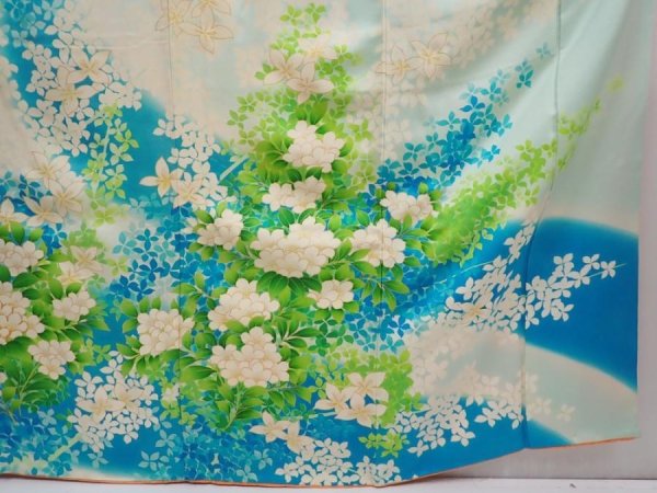 Photo7: 5914T12z1050 Vintage Japanese Kimono Silk FURISODE Flower Light blue (7)